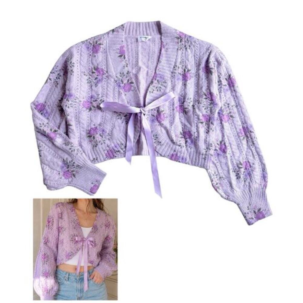 STORIA Floral Tie Front Cardigan Cable Knit Cropped Purple Wool Blend Coquette S